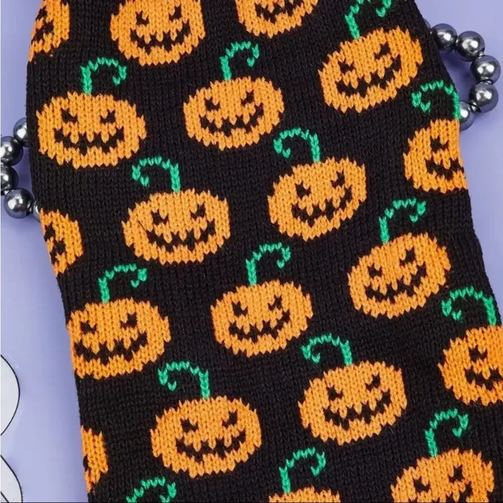 Halloween Pumpkin Dog Sweater Size Large Knit Orange Black Jack O Lantern